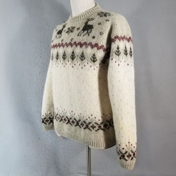L L Bean sweater mens large White Gray Brown Wool Silk Crew Neck Winter FLAWED - Picture 10 of 15